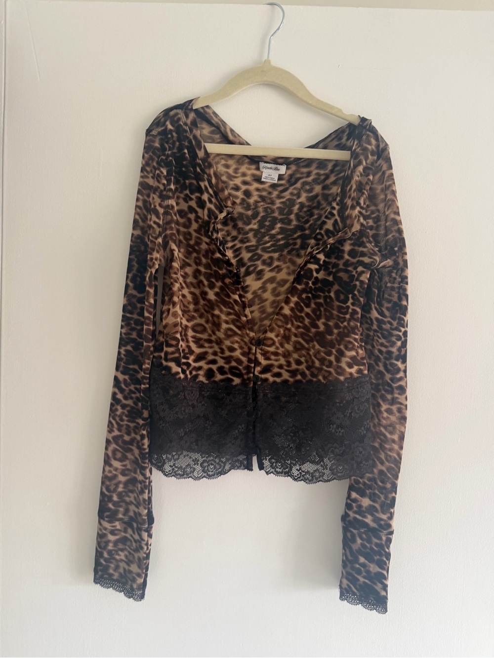 Y2K Urban Outfitters Leopard Print Button-Down Top with Black Lace Trim